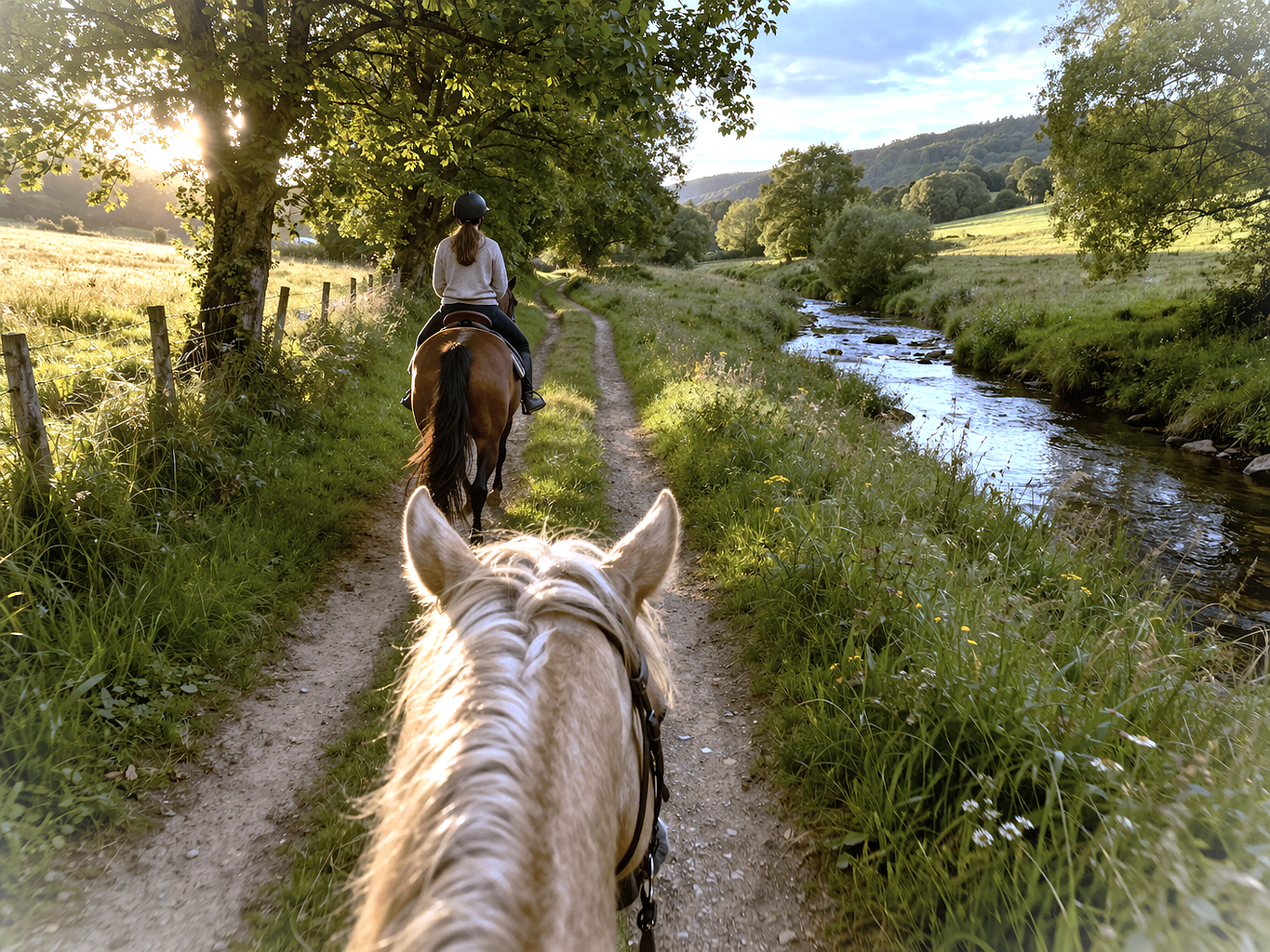 balade a cheval avec cavalier devant et photo en 1ere personne